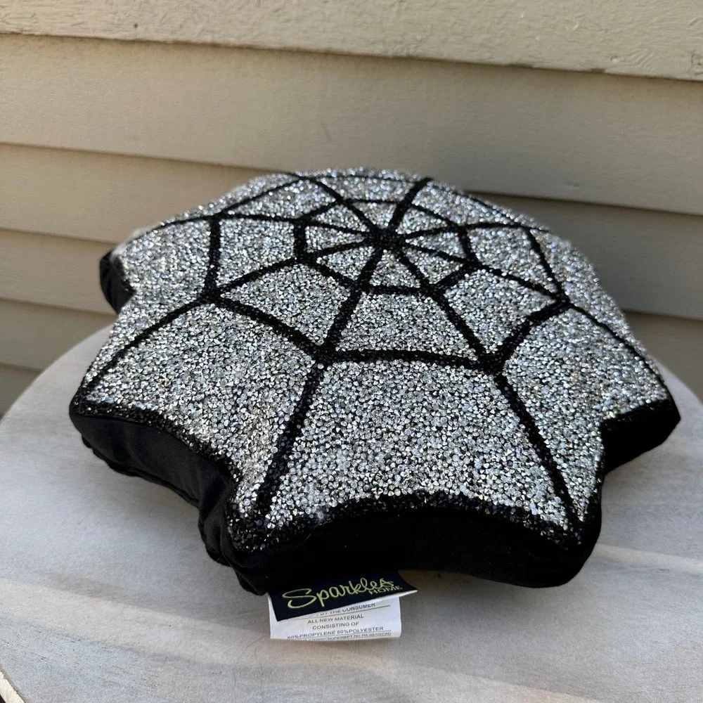 Sparkles Home Spider Web Rhinestone Pillow Black Silver 16in Gothic Decor NEW